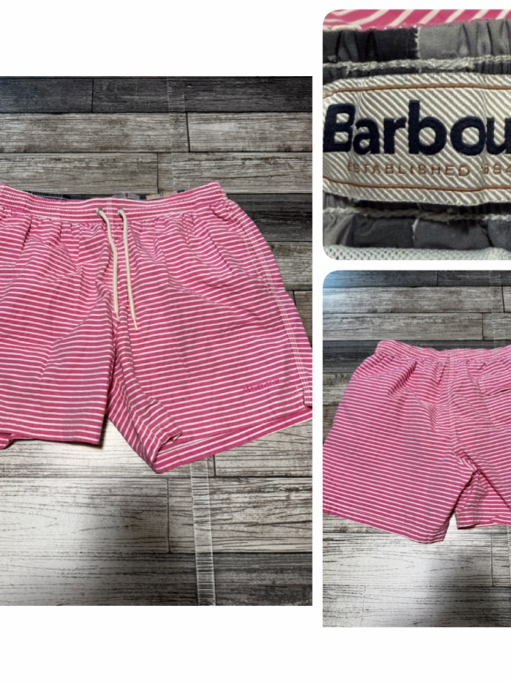 Barbour Striped Lined Swim Trunks Men’s S Pink White (Inseam 6) Drawstring